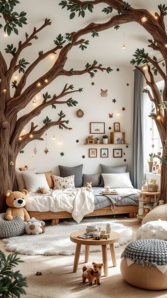 A cozy room designed like a woodland retreat, featuring tree branches on the walls, soft seating, and playful decor.