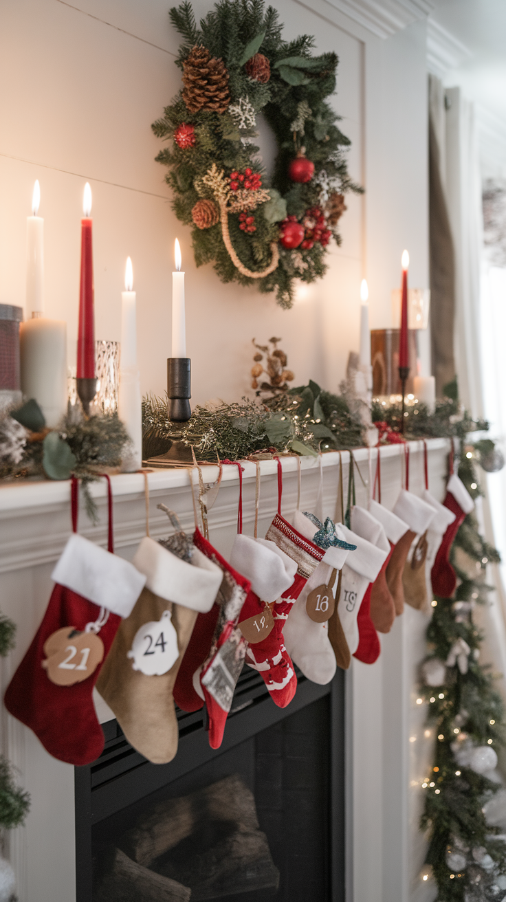 A decorated mantel with stockings and holiday decorations.