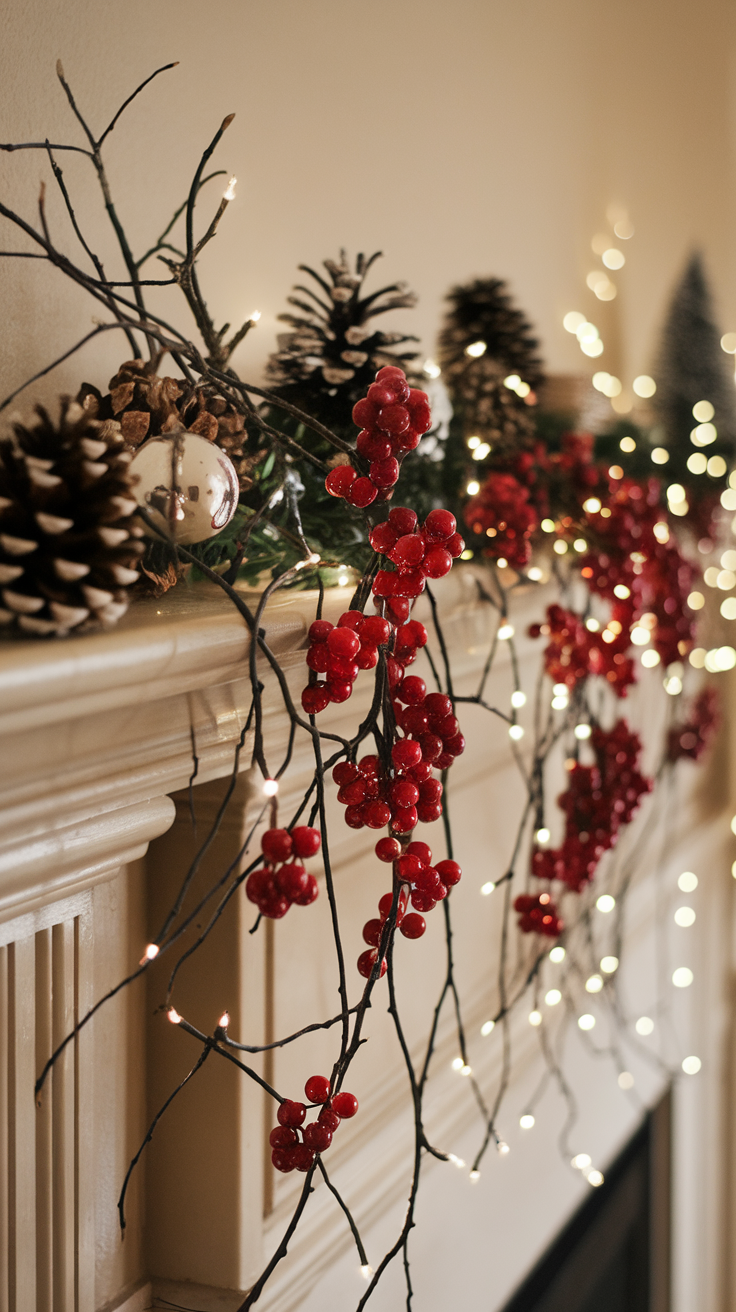 A wooden ladder decorated with red berries and green leaves, adorned with twinkling lights.