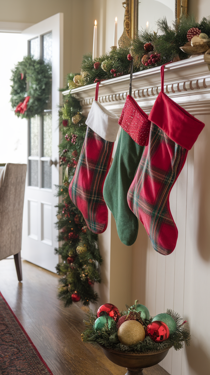 A beautifully decorated Christmas mantel with red and green stockings, a festive wreath, and colorful ornaments.