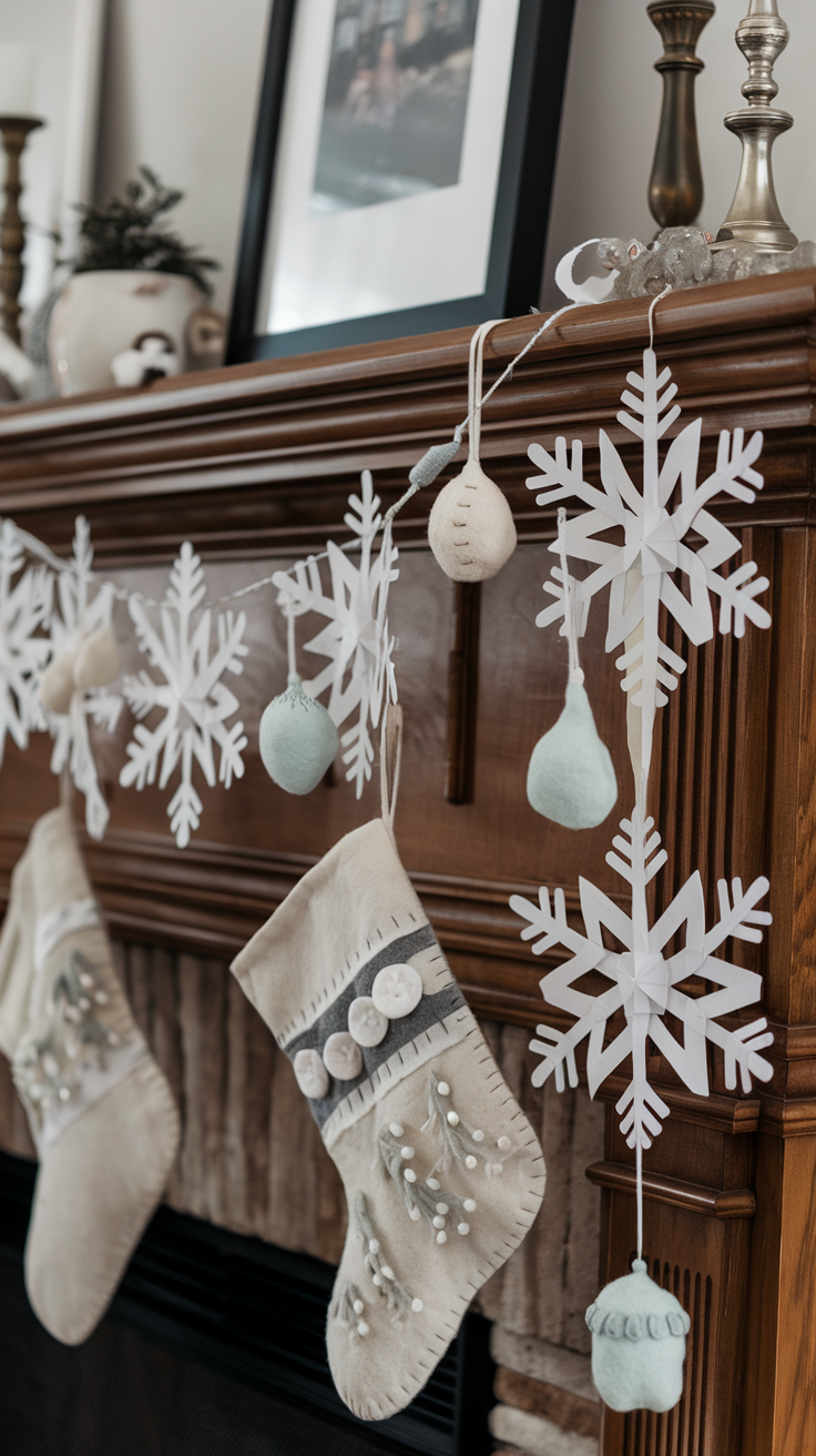 A beautifully decorated mantel with DIY ornaments, featuring snowflakes and festive stockings.