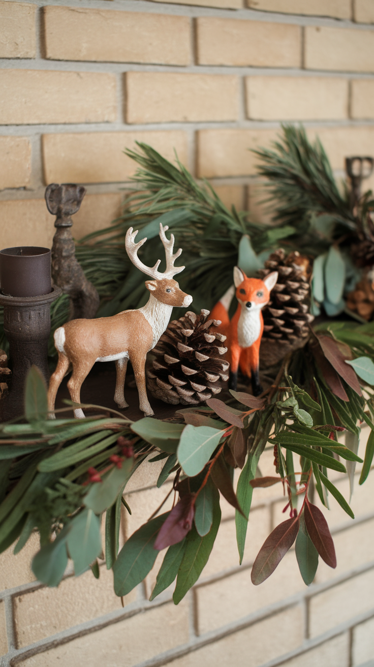 Decorative shelf with a deer, a fox, pine cones, and greenery against a brick wall.