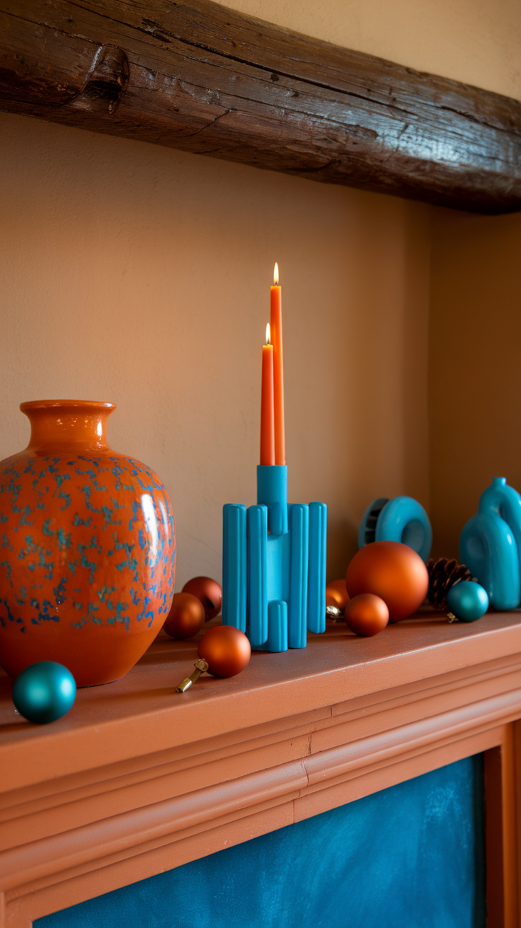 A colorful interior featuring bright blue chairs and an orange rug against a warm wall.