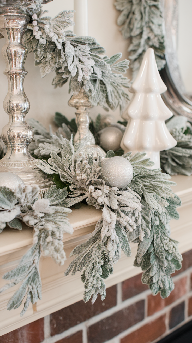 A decorative arrangement featuring frosted greenery, silver ornaments, and a white tree figurine.