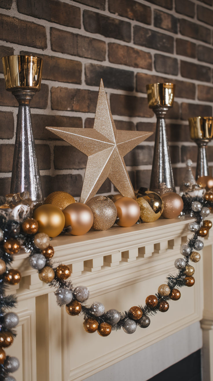 A beautifully decorated mantel with metallic ornaments and a sparkling star.