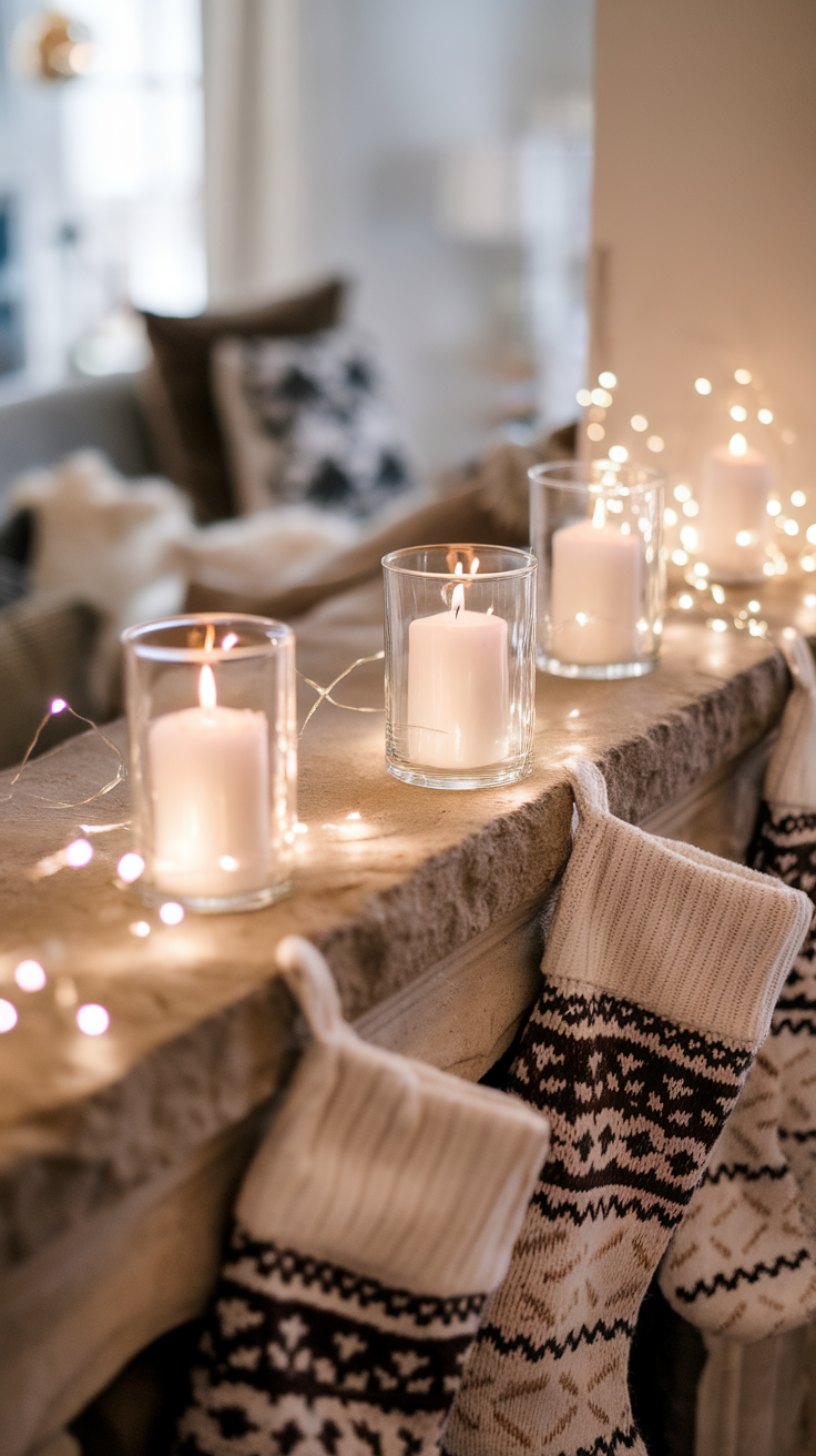 Cozy living space with candles, fairy lights, and knitted stockings on a fireplace mantel