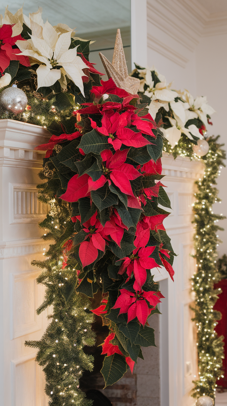 A beautiful floral arrangement with soft colors and twinkling lights, displayed near a mirror.