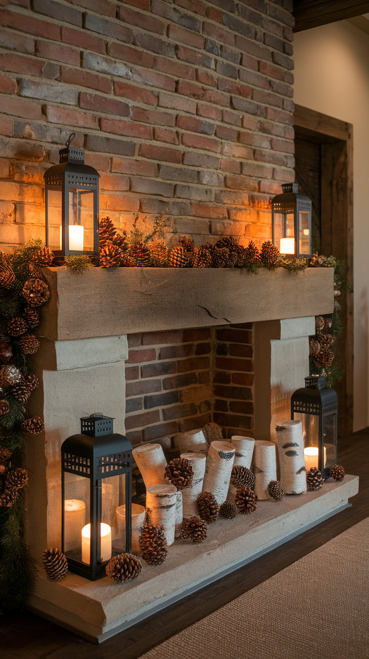 A rustic fireplace decorated with lanterns and pinecones, creating a warm winter atmosphere.