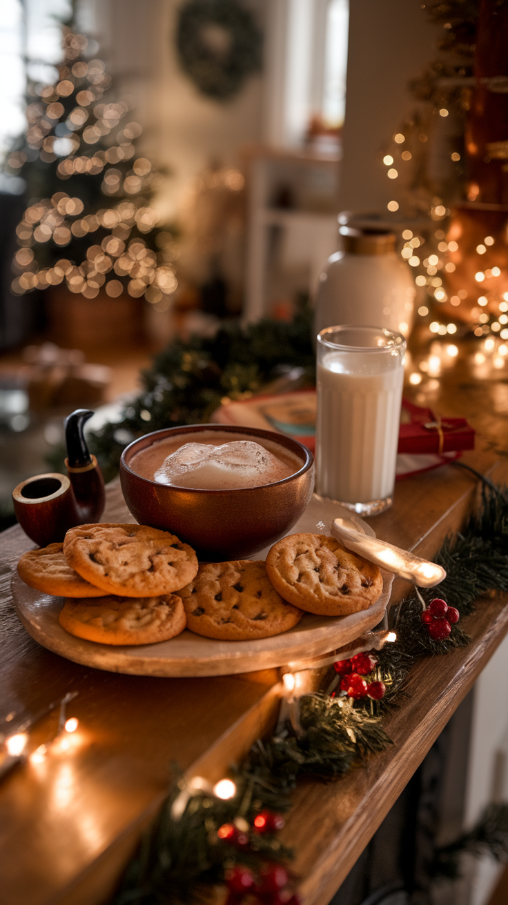 A festive mantle display featuring cookies, hot chocolate, and holiday decorations.