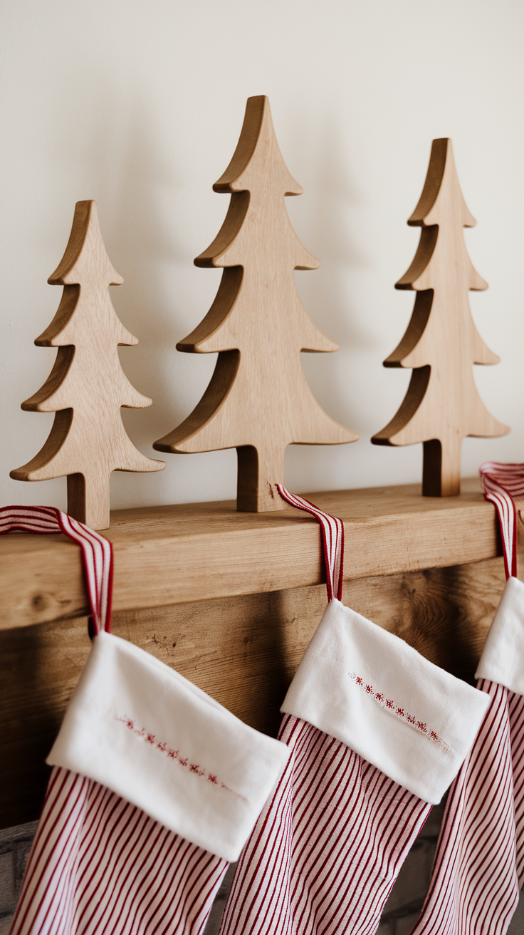 A minimalist wooden tree with stockings hanging, set against red and white striped walls.