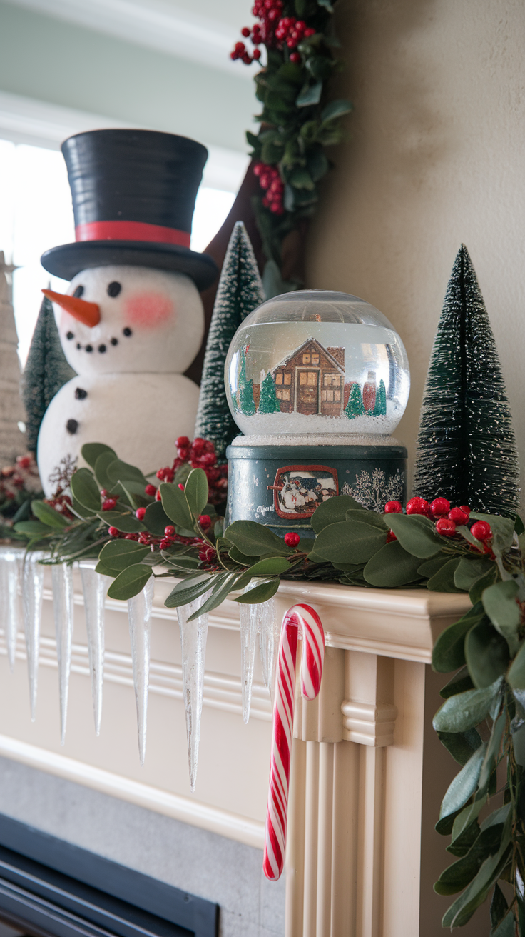 A festive mantel display featuring a snowman, a snow globe, green trees, and red berries.