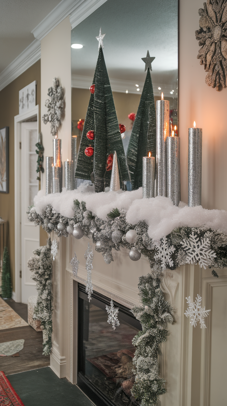 A beautifully decorated mantel with snow, candles, and festive trees.