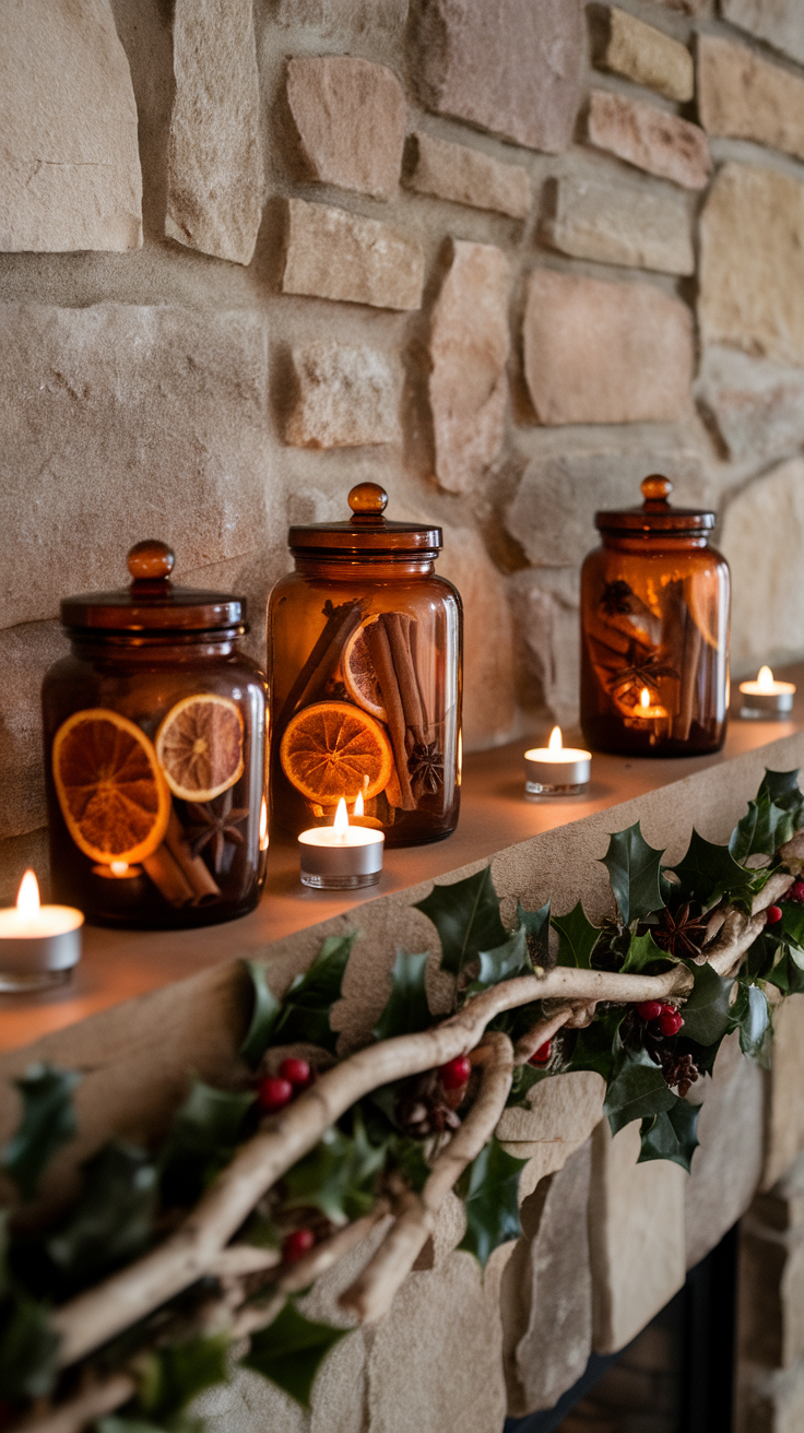 Three amber jars with spices and dried fruits on a stone fireplace mantel decorated with holly.