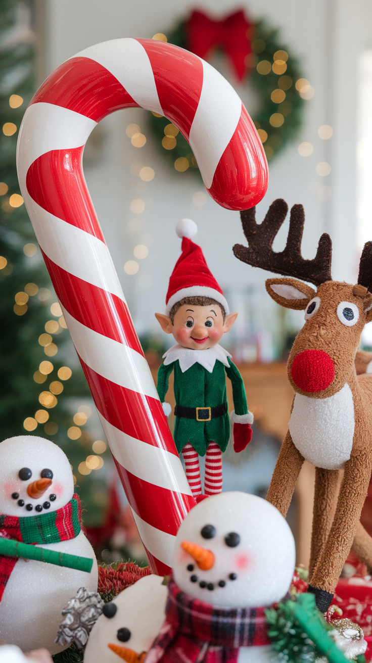 A whimsical holiday mantel featuring an elf, a reindeer, and snowmen decorations.