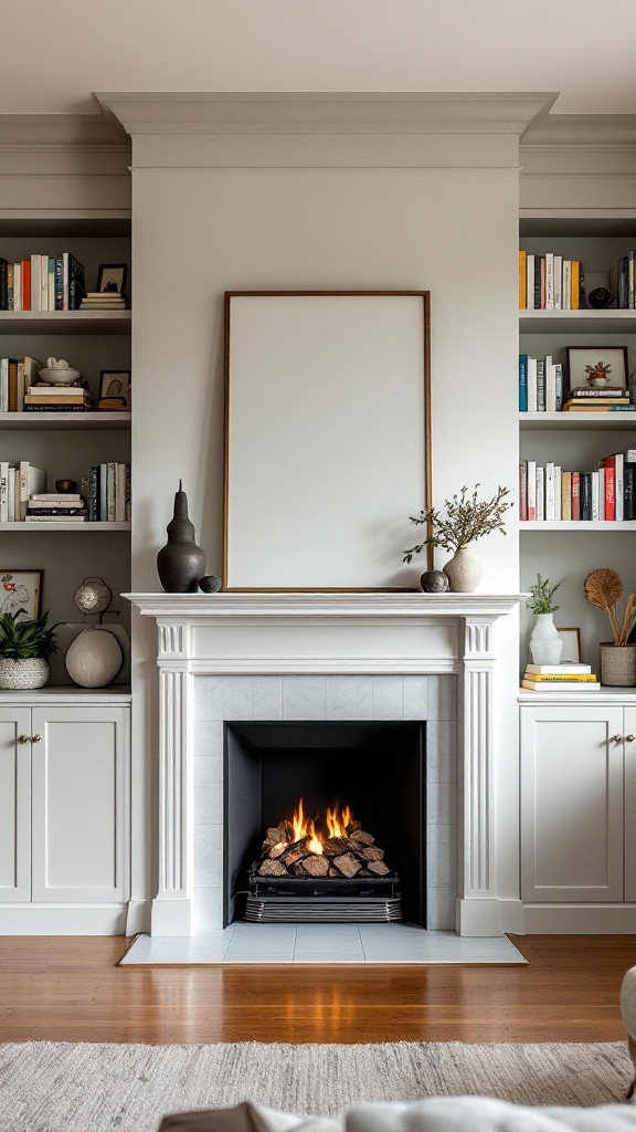 A modern fireplace with built-in shelving on either side, featuring decorative items and books.