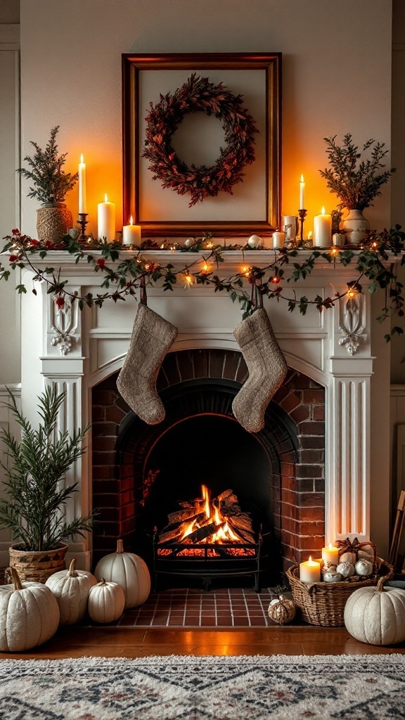 A cozy fireplace decorated with a wreath, stockings, candles, and seasonal items
