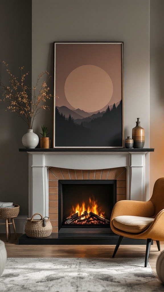 A modern electric fireplace with a cozy setup featuring neutral and warm colors.