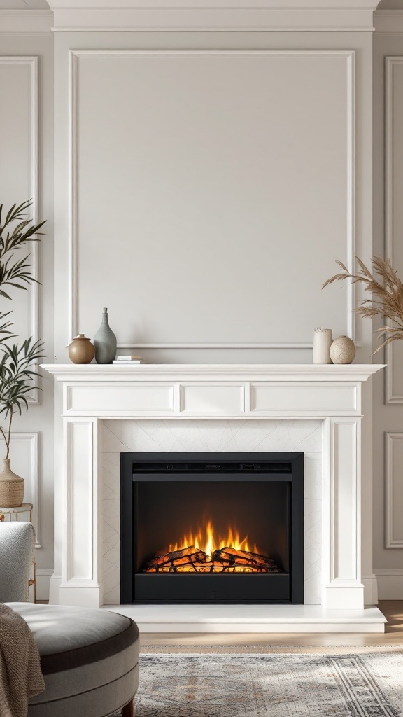 A modern electric fireplace with a white mantel and surrounding decor.