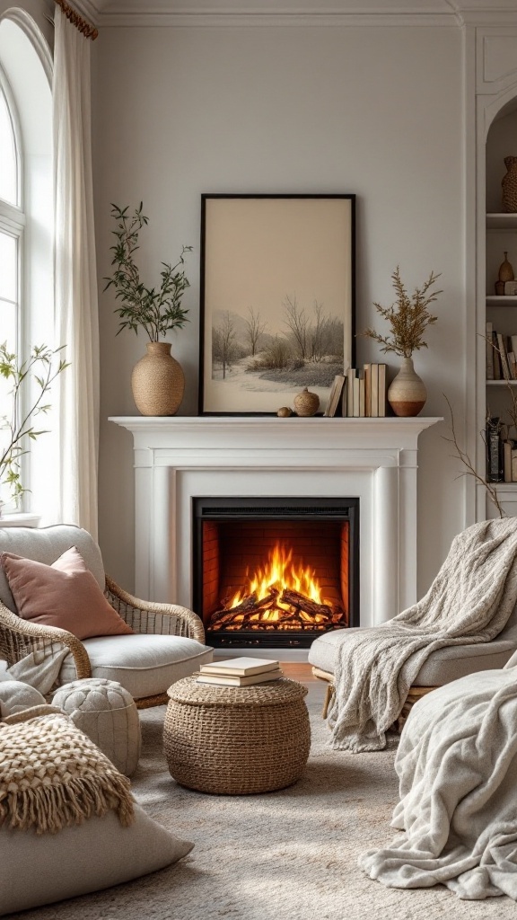 A cozy living room with an electric fireplace and comfortable seating arrangements.