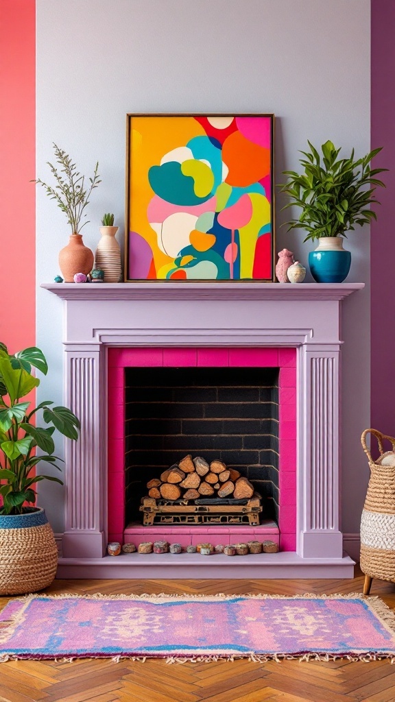 A vibrant fireplace with pink and lavender paint, decorated with plants and colorful art.