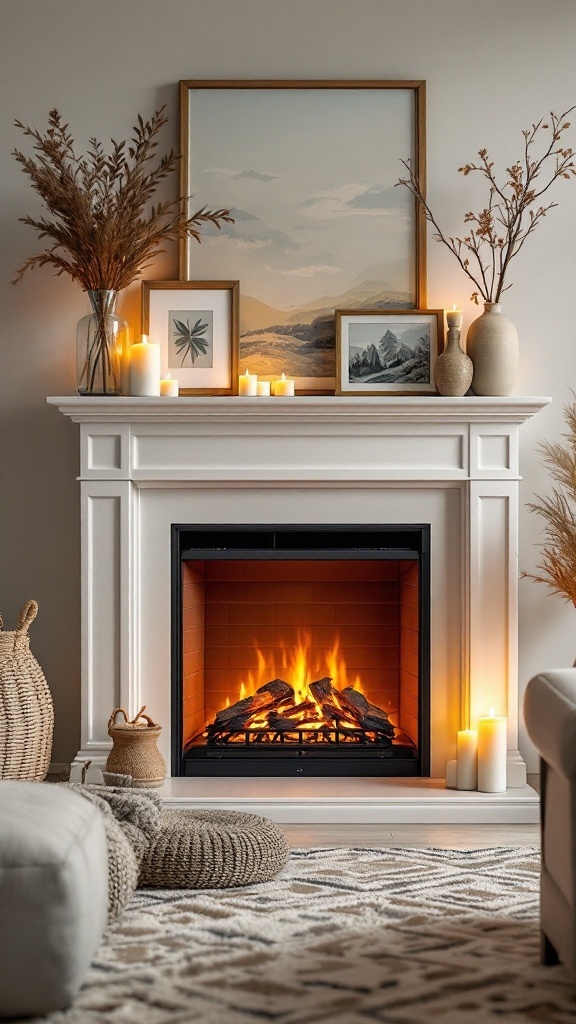 Decorative accents around an electric fireplace, featuring vases, candles, and artwork.