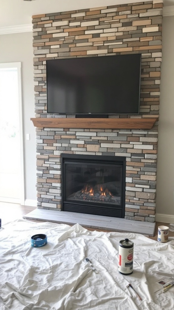 An electric fireplace makeover featuring faux stone facing and a mounted TV above.