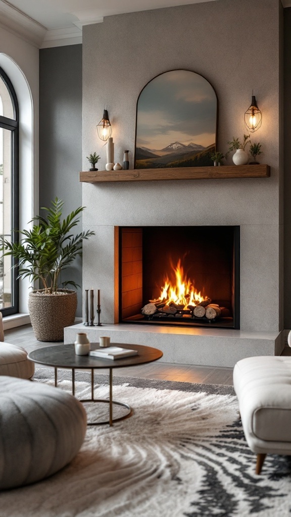 Stylish fireplace with a cozy ambiance, featuring a wooden mantel, decorative plants, and warm lighting.