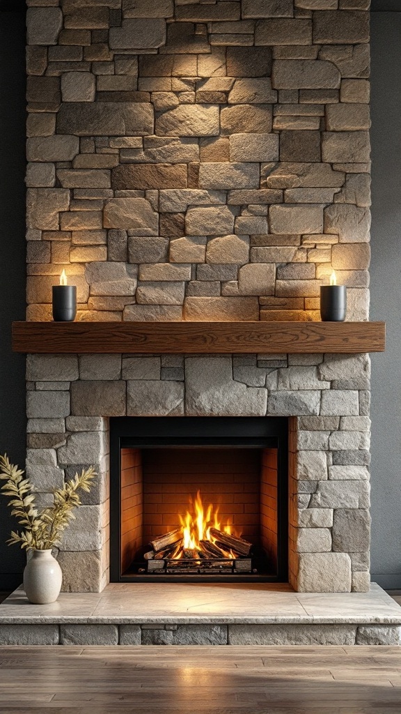 A modern fireplace with natural stone, wooden mantel, and flickering flames