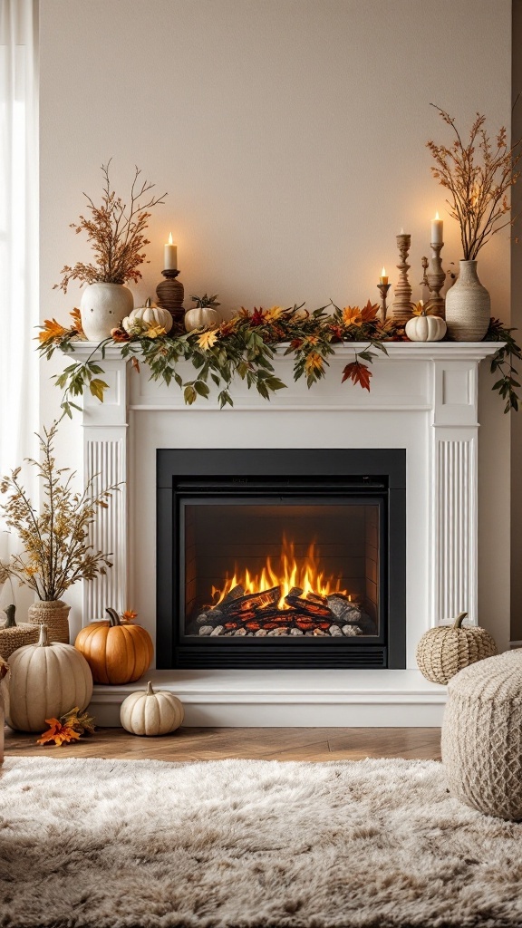 Cozy electric fireplace with autumn decor including candles, pumpkins, and leaves.