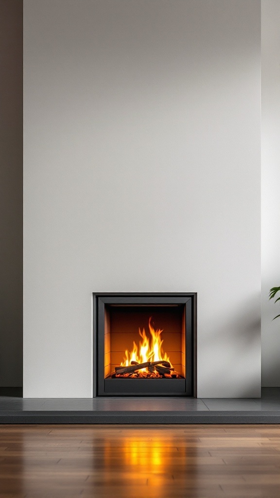 A modern firebox with flames visible, surrounded by a minimalist design.