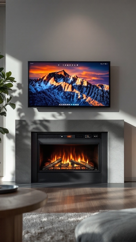 A modern living room featuring a sleek electric fireplace and a wall-mounted TV with mountain scenery.