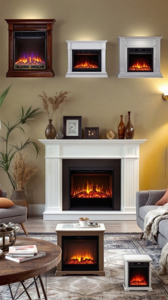 Various styles of electric fireplaces displayed in a cozy living room setting.