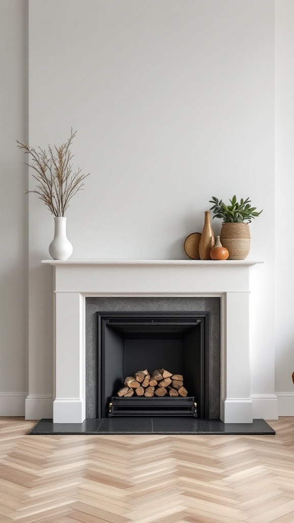 A modern fireplace with a white mantel, black insert, and stylish decor.