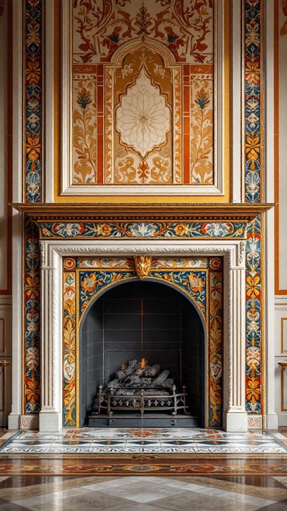 A beautifully tiled fireplace with intricate patterns and colors