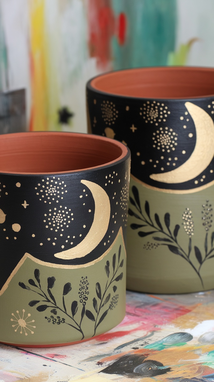 Elegant hand-painted terracotta pots with botanical designs.