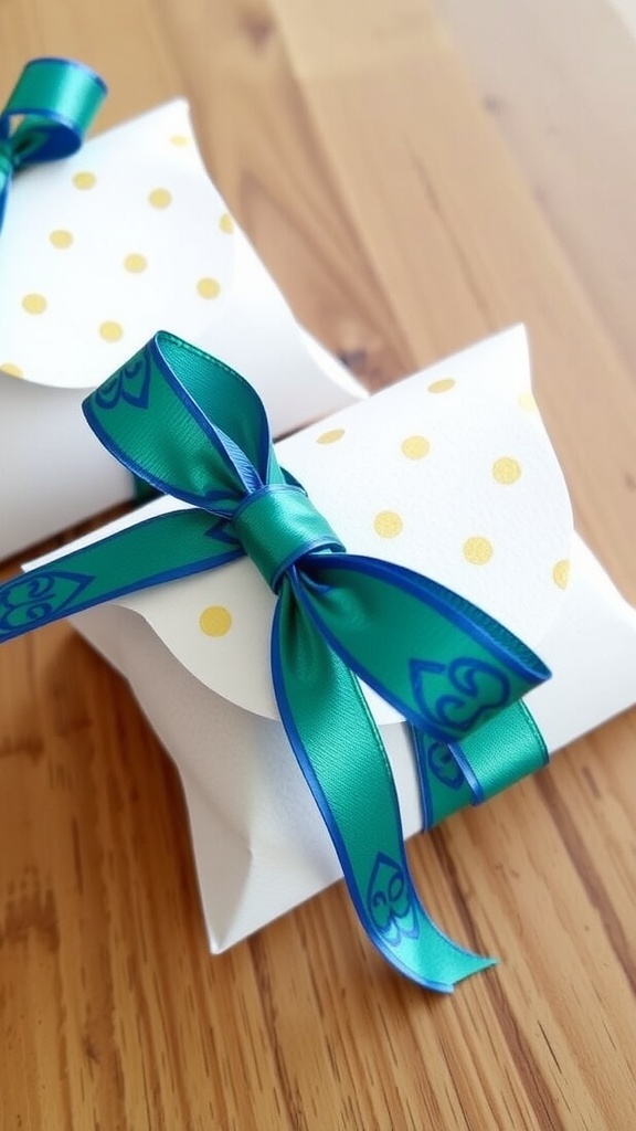 Mini gift boxes made from toilet paper rolls, decorated with white paper and ribbons.