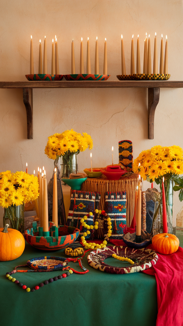 Colorful Kwanzaa decorations with candles, flowers, and handmade gifts.