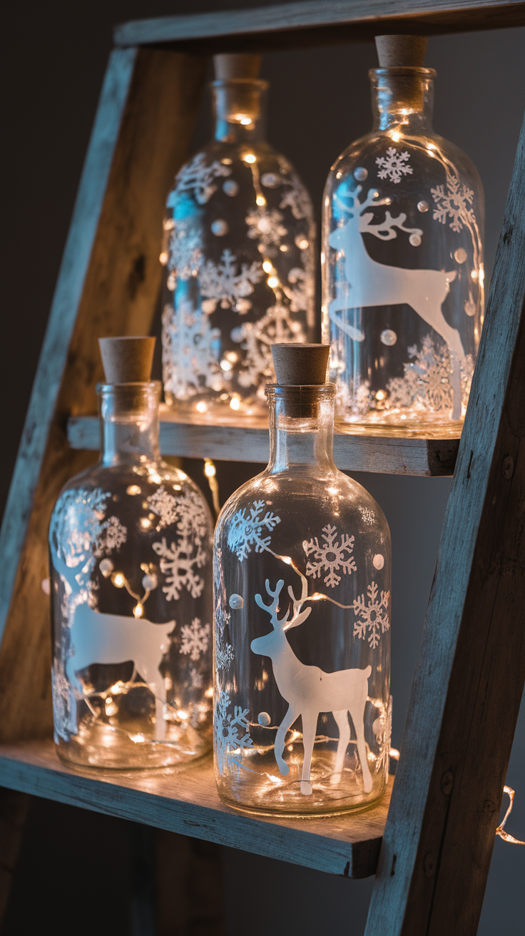 Decorative glass bottles with snowflakes and reindeer designs illuminated by fairy lights