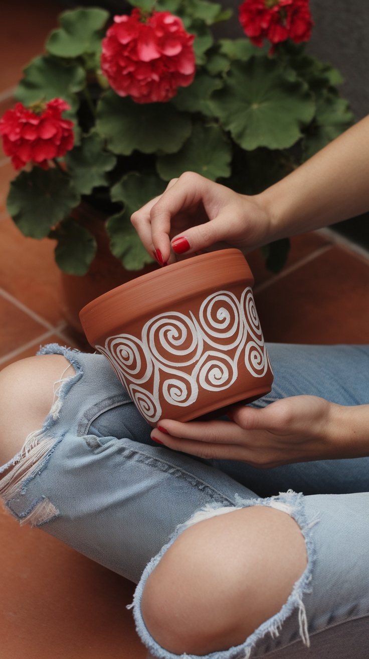 A person painting a terracotta pot with a mandala design while sitting on the floor.