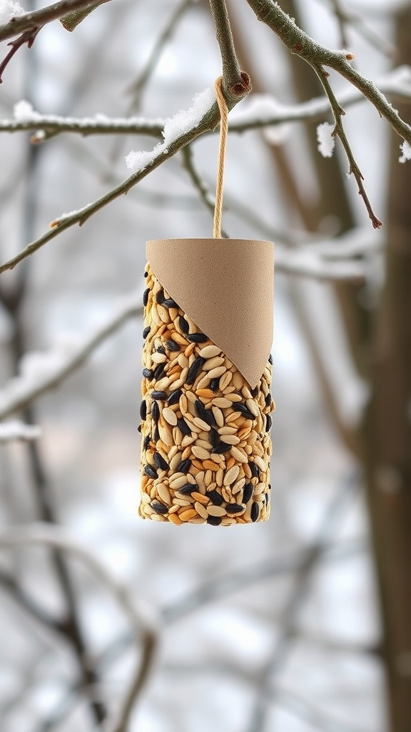 A toilet paper roll bird feeder covered in seeds hanging from a tree branch