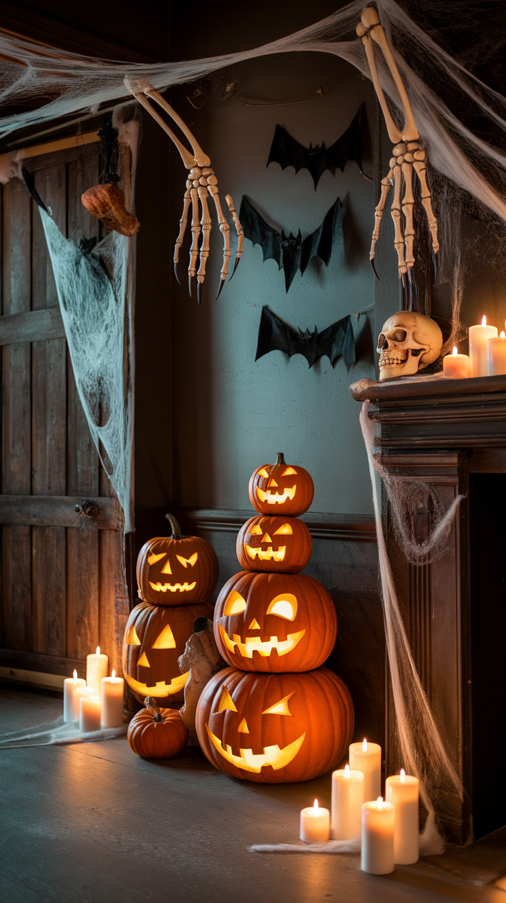 A cozy Halloween scene with carved pumpkins, candles, and spooky decorations.