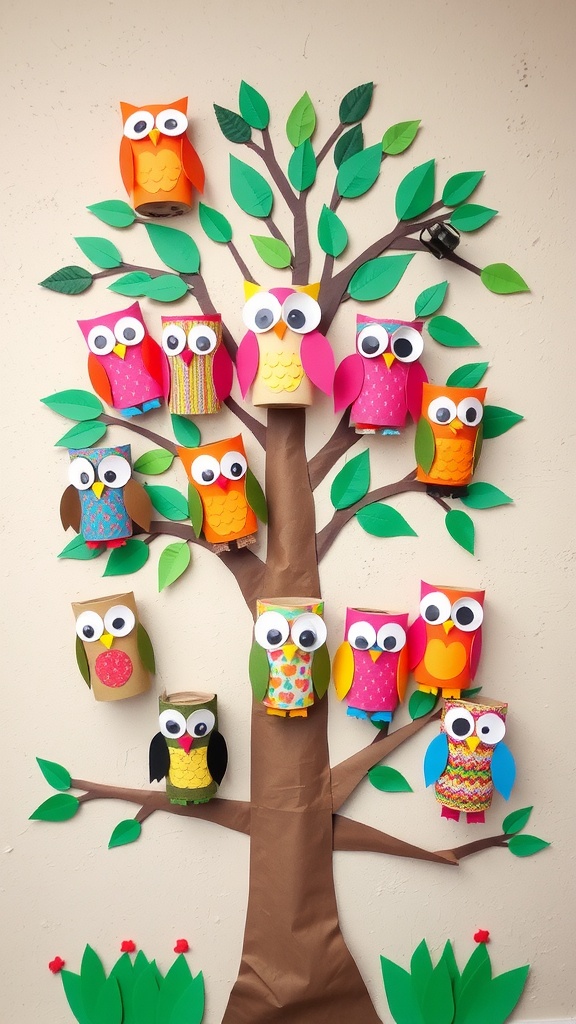Crafted owls made from toilet paper rolls displayed on a tree backdrop