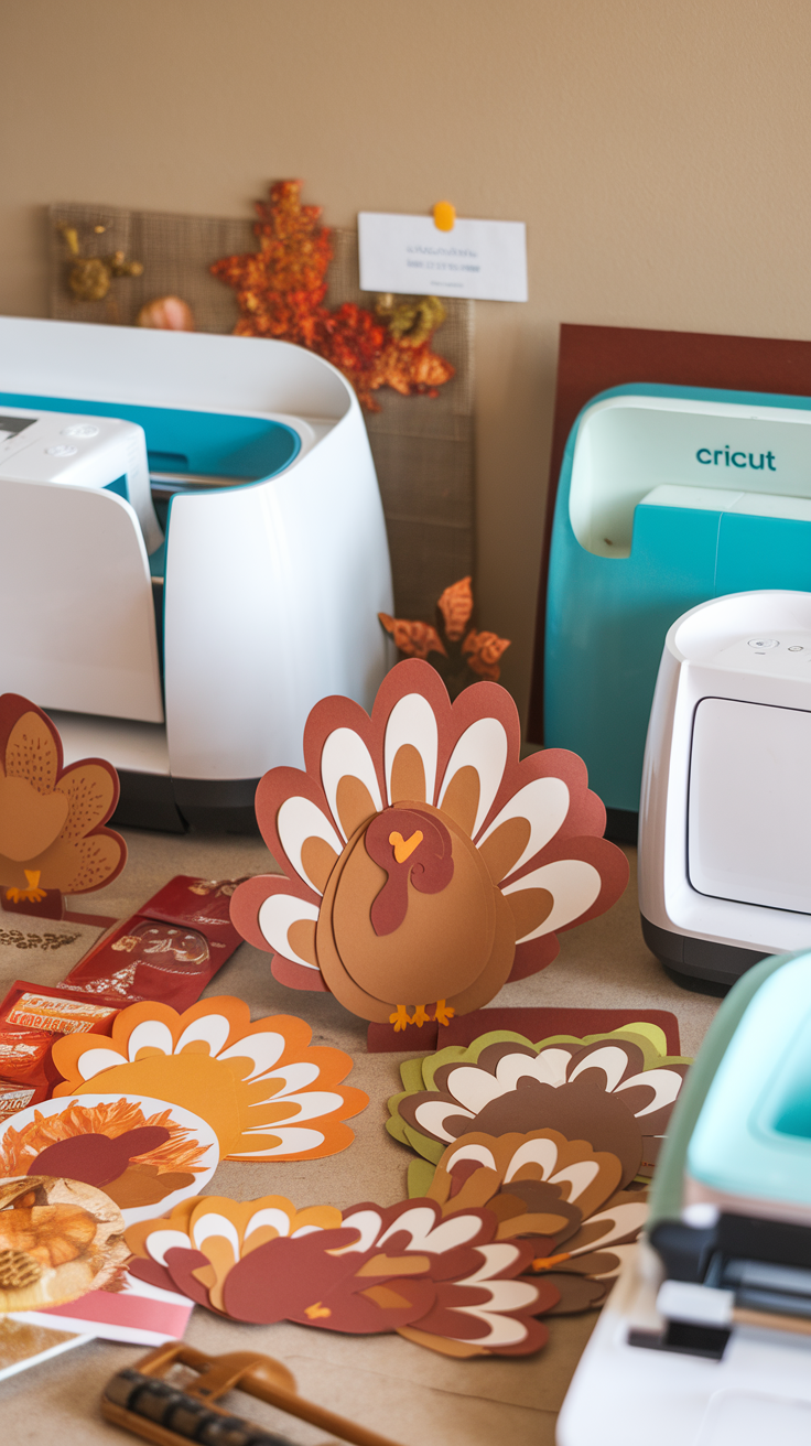 A collection of Thanksgiving Cricut crafts including colorful paper turkeys and leaves arranged on a table.