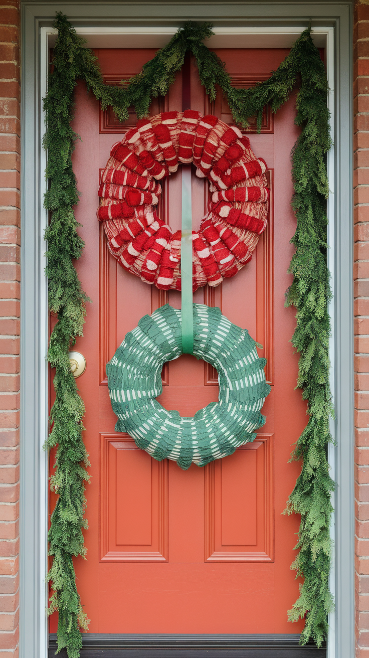 A red door decorated with two wreaths and greenery for Christmas.