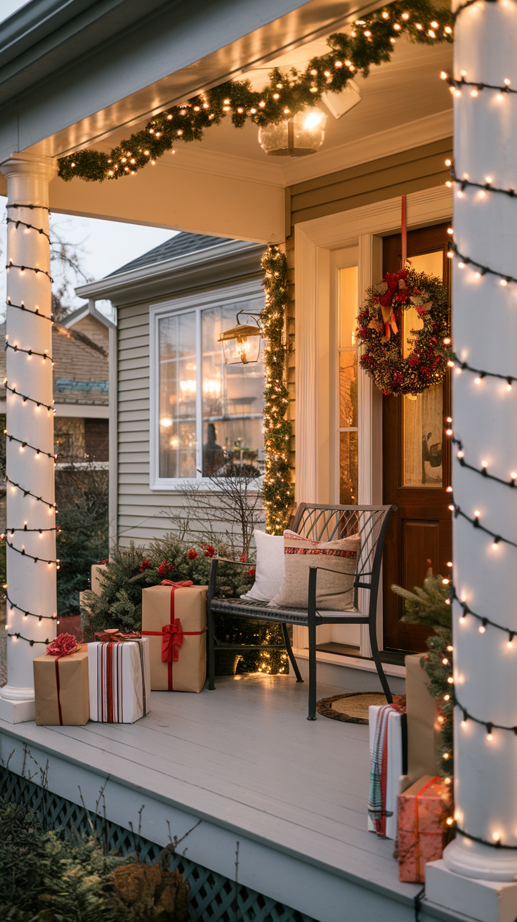 A beautifully decorated porch for Christmas with lights, garlands, and wrapped gifts.