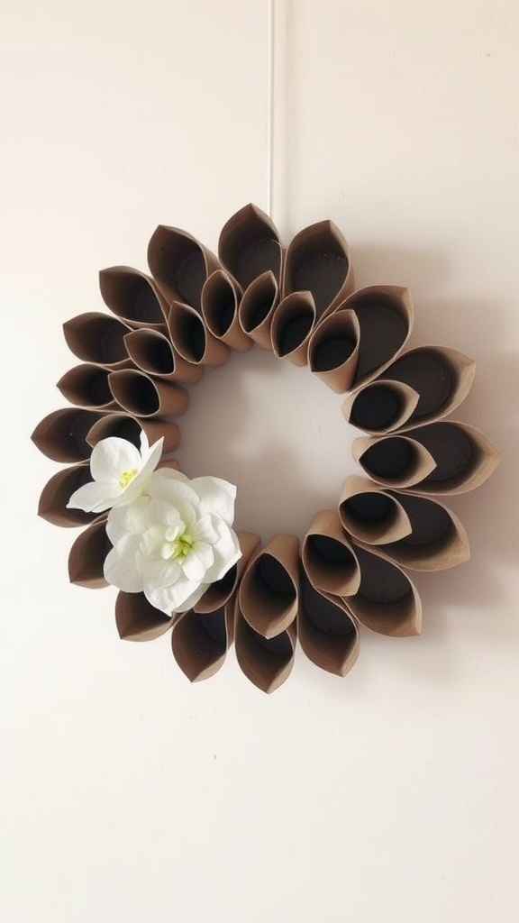 Wreath made from toilet paper rolls decorated with white flowers