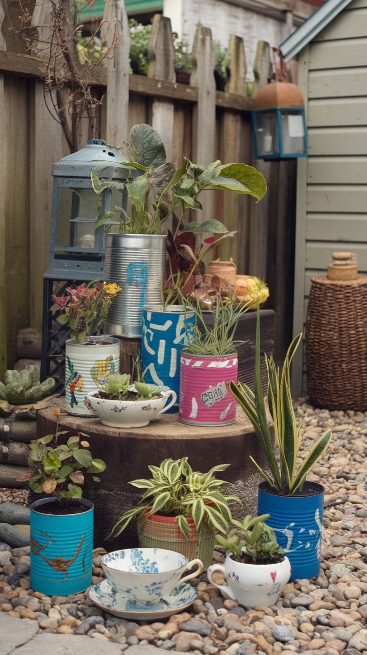 A collection of creatively painted and repurposed plant pots in a garden setting.