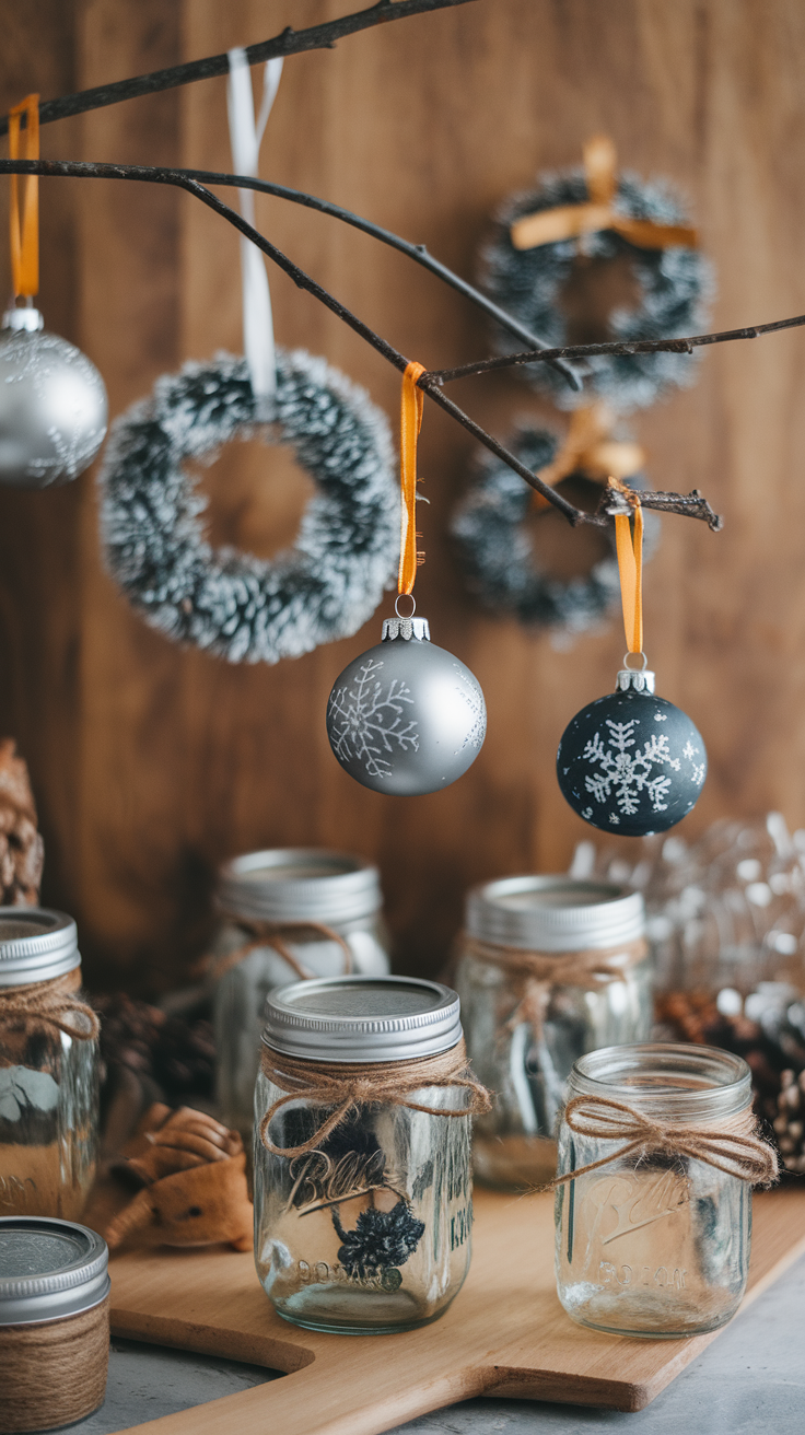 A festive display of mason jars and ornaments, showcasing DIY Christmas decorations.