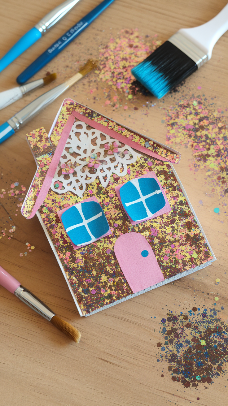A colorful DIY cardboard Christmas house decorated with glitter and paint.