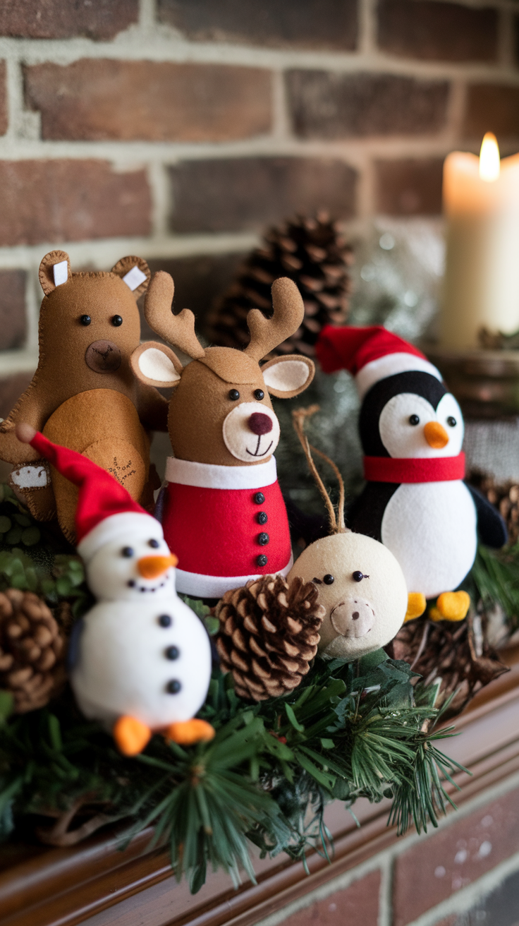 Collection of adorable animal-themed felt ornaments including a snowman, reindeer, penguin, and bear, arranged with pinecones and greenery.